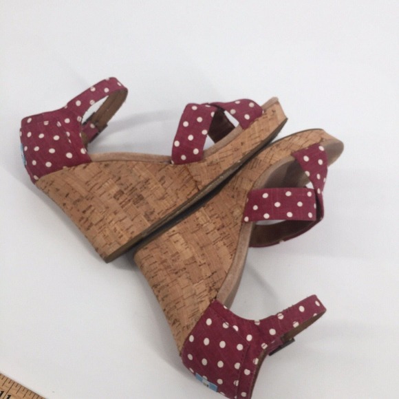Toms Polka Dot Cork Wedge Sandals Size 8 Burgundy Red White Summer Casual - Picture 6 of 9